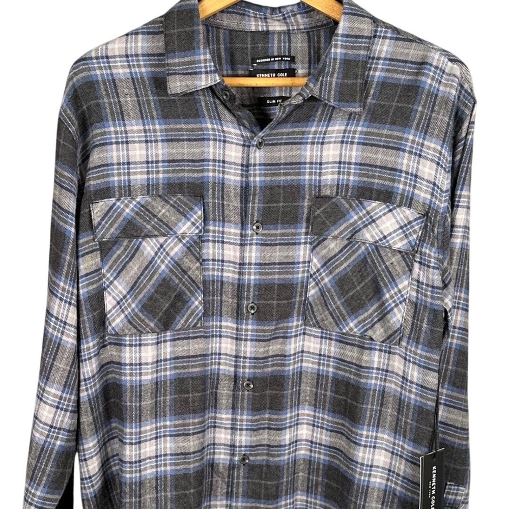 Kenneth Cole New York Mens Techni-Cole Slim Fit Plaid Woven Shirt Grey  XL